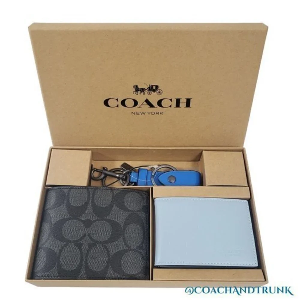COACH 3 In 1 Leather Wallet Gift Set Color Block Signature Canvas Gift Box NWT